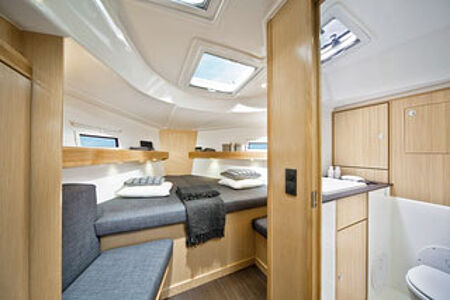 Double bed cabin and bathroom on a yacht