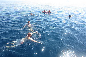 Schwimmen und Baden mit Freunden am offenen Meer